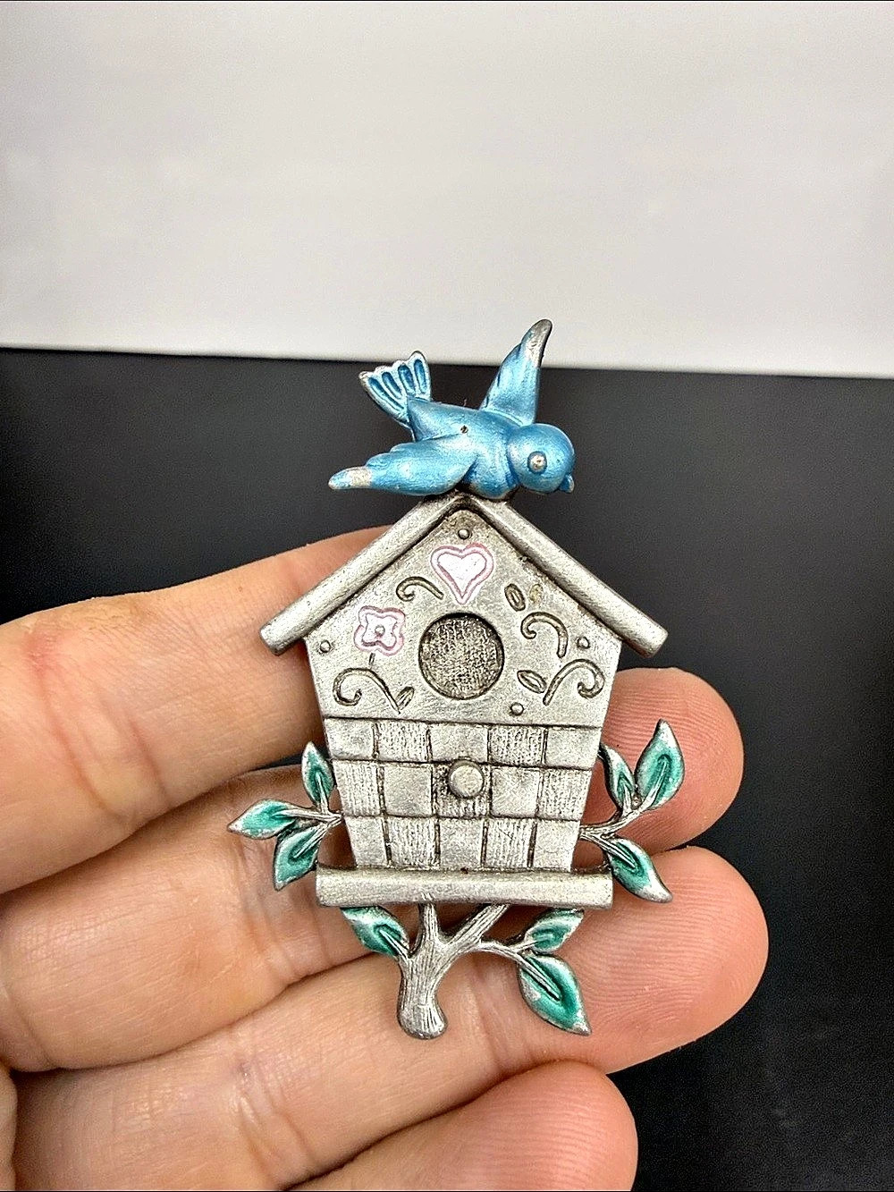 Vintage JJ Jonette Bluebird Birdhouse Brooch Pewter Enamel Bird Pin